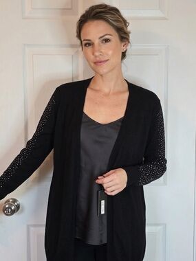 My Story Black Open Cardigan with Sleeve Rhinestones